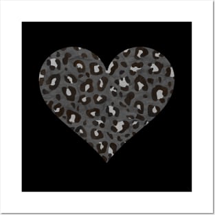 Dark Gray, Black and White Leopard Print Heart Posters and Art